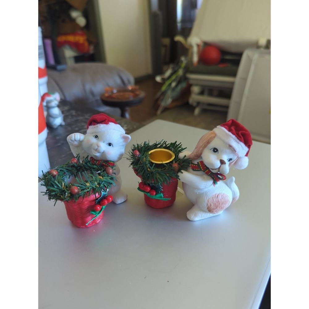 Vintage Porcelain Christmas -Dog & Cat Candle Holders -Set of 2 Kitty Puppy